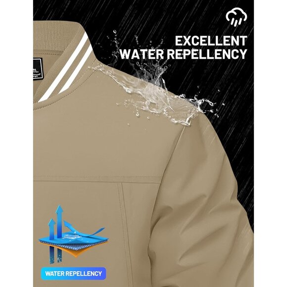 Men's Khaki Bomber Lightweight Casual Spring Fall Windbreaker Zip Up Jacket - Picture 2 of 8